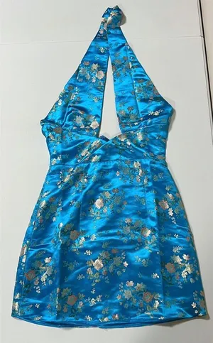 Blue Floral Satin Silk Criss-Cross Halter Mini Dress Size S 💙✨ thumbnail 1