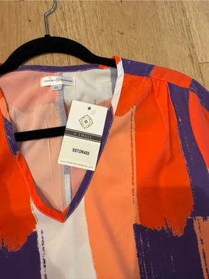 Stewart Simmons Colorblock Abstract V-Neck Blouse - Orange / Purple thumbnail 3