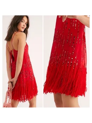 Free People Red Crystal Clear Fringe Retro Flapper Round Neck Thin Strap Dress S thumbnail 7