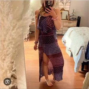 American Eagle Boho Strappy Maxi Dress in Navy and Burgundy Size Small Slit In M thumbnail 3