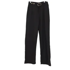 Womens Black High Waisted Wide Leg Trousers Gold Buckle Detail Dress Pants O/S thumbnail 2