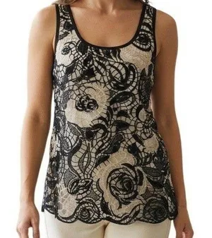 EXPRESS Black and Ecru Crochet Sequin Adorned Scalloped Hem‎ Top EUC Size Small thumbnail 1