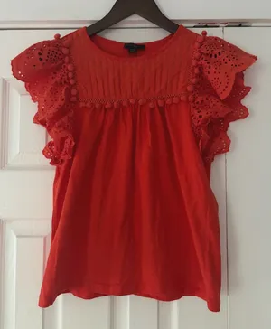 J.Crew Womens XXS Red Eyelet Flutter Sleeve Pom Pom Trim‎ Slub Cotton Top thumbnail 1