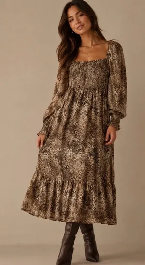 Betsey Johnson Large Brown Animal-print Smocked Maxi Dress With Sheer Sleeves thumbnail 1