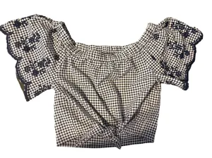 Forever 21 Navy & White Gingham Off-Shoulder Top thumbnail 1