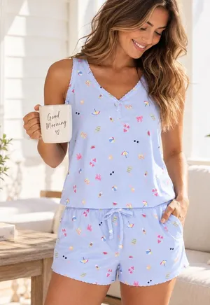 Way to Celebrate Women Blue Pointelle Pajama Set Summer Beach Print Small 4-6 thumbnail 1