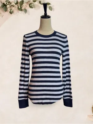 NWT Aerie Navy Striped Ribbed Long-Sleeve Top Size Medium thumbnail 2