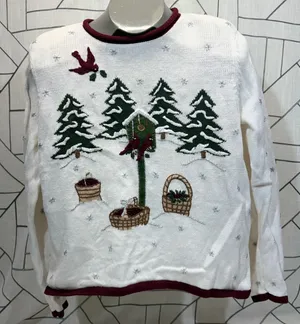 Christopher & Banks Sweater Small White Winter Cardinal‎ Hand Embroidered 2003 thumbnail 1