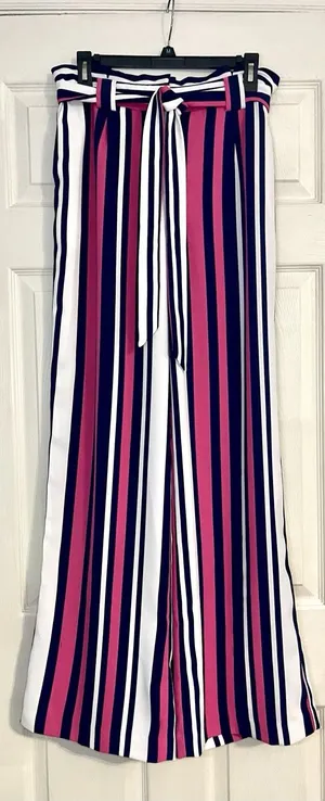 Express SzM High Rise Striped Paperbag Wide Leg Pants Pink Navy White thumbnail 1