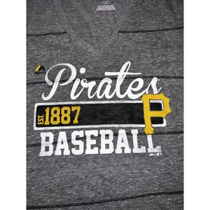 Majestic Pittsburgh Pirates‎ Women's Stripped V-neck Graphic T-shirt Sz L Large Soft Thin thumbnail 2