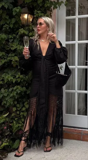 Zara dress midi black linen fringed fringes boho thumbnail 5