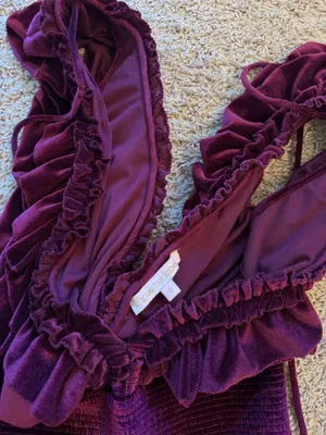 Anthropologie Love The Label Velvet Ruffle Maxi Dress in Burgundy Wine thumbnail 4