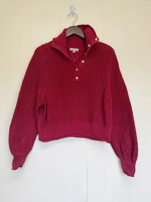 J. CREW Red Ribbed Cotton Button Collar Sweater Medium thumbnail 1