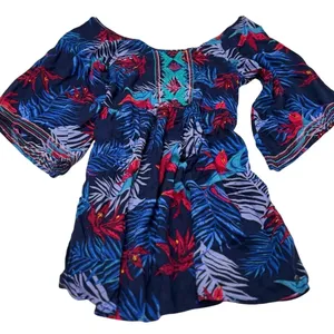 Roxy Tropical Print Boho Tunic Top Mini Dress Styled Embroidered Festival Blouse thumbnail 1