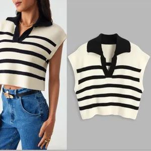 CIDER V Neck Cap Sleeve Sweater Vest Top Casual Trendy Striped Cream Black Sz. S thumbnail 2