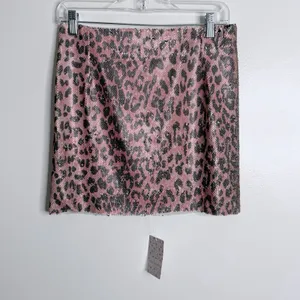 NWT Free People Pink Cheetah‎ Sequin Mini Skirt 2 Edgy Festival Glam Night Out thumbnail 3