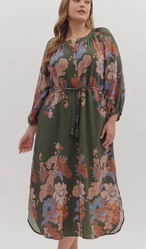 New!Entro Boutique Floral Tie-Waist Midi Dress in Olive Size 2X thumbnail 1