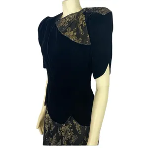 Vintage 1980s Scott McClintock Black Velvet Gold Brocade Dress Open Back S/M thumbnail 7