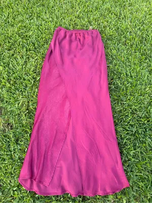 Self Contrast Alaia Overlap Satin Maxi Skirt Burgundy Wine Medium Made USA thumbnail 2