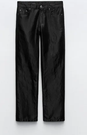 Zara Nwt Satin Effect Shiny Metallic Mid Waist Straight Leg Pants 4 thumbnail 4