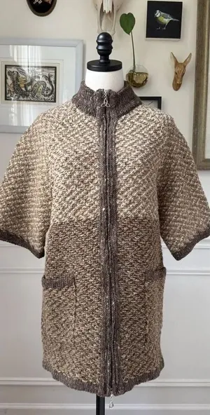 Aran Crafts 2 Way Zip 100% Wool Sweater Colorblock Tweed Half Sleeves Ireland M thumbnail 1