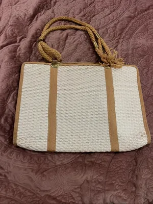 Handmade Woven Cream Tote with Tan Trim and Braided Handles thumbnail 2