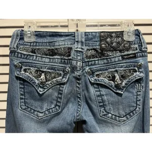 Miss Me Easy Boot Denim Jeans‎ Embroidered/Gems Med Wash Logo Size 26 Low Rise thumbnail 5