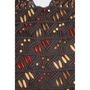 Macrame Purse Tote Bag Womens Medium Brown EUC Beaded Boho‎ Shoulder thumbnail 2