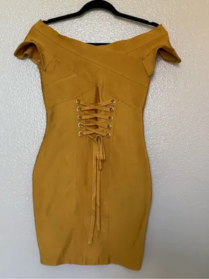 Mustard Bandage Dress S Corset Lace Up Bodycon Y2K Baddie Fall Mini thumbnail 2