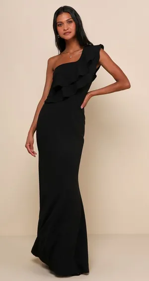 NWT Lulus Grand Beauty Black Ruffled One-Shoulder Mermaid Maxi Dress Goth Size S thumbnail 1