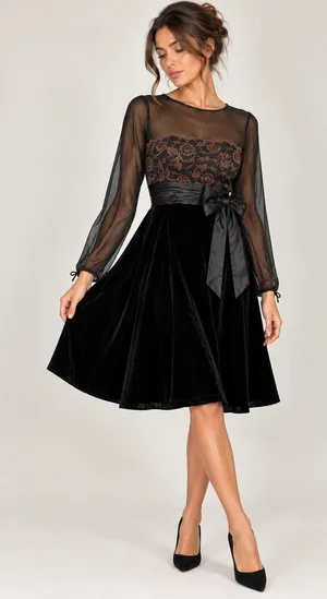 Vintage Talbots Black Velvet Lace Maxi Dress Sheer Mesh Bow Size 8 Dark Romantic thumbnail 1