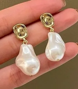 Irregular Pearl Drop Earrings with‎ Gold Stud | 925 Silver Post | Baroque Style thumbnail 1