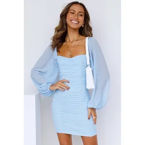 Hello Molly‎ Light Blue Ruched Mini Dress Square Neck Bishop Sleeve Size US 2 XS thumbnail 2