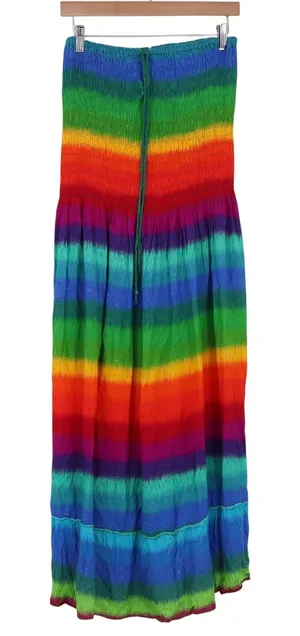 Unbranded Maxi Dress Womens One Size Rainbow Striped Smocked Strapless Excellent thumbnail 1