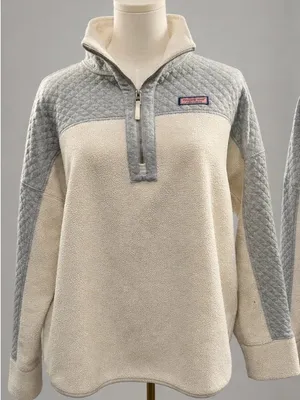 Vineyard Vines Sherpa Fleece Quilted Quarter Zip Pullover Cream Gray Size Large thumbnail 1