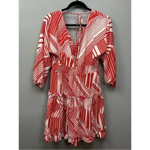 NWT Neiman Marcus Red White Abstract Stripe V-Neck Mini Dress | Size L thumbnail 4