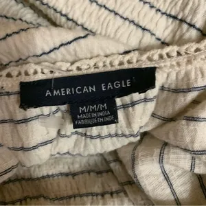 American Eagle Womens Ivory Gray Striped Smocked Crochet Lace Top Medium‎ thumbnail 3