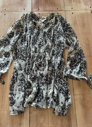 Coldwater Creek Women Small Brown Cream Floral Sheer Button Front Boho Blouse‎ thumbnail 1