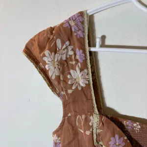 Free People‎ Call Me Baby Cap Sleeve Button Up Shirt in Meerkat Combo Size Large thumbnail 3