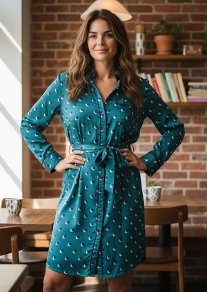 Boden Teal Green Crescent Moon Polka Dot Shirt Dress US 8R Navy Piping Belted thumbnail 1