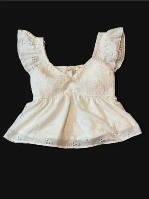 White Eyelet Smocked Peplum Blouse with Flutter Sleeves thumbnail 6