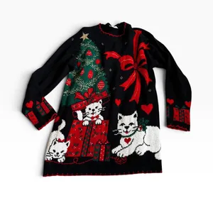 90s Vintage NutCracker Christmas Sweater Medium Black Kitten Cat Tree Ugly thumbnail 1