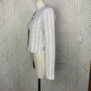 Theory Galinne Speckle Boucle Knit Fringe Sweater Jacket Cream Red Size Small‎ thumbnail 8
