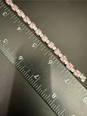 Vintage 925 Sterling Silver Princess Cut Pink CZ & Clear Round Tennis Bracelet thumbnail 15