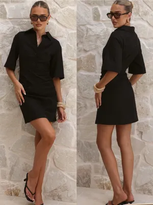 Billy J Sydney Mini Dress Black Linen Collared Ruched thumbnail 4