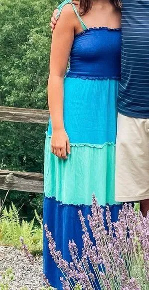 Bebop Colorful Blue Tiered Maxi Dress. Great for Summer thumbnail 1