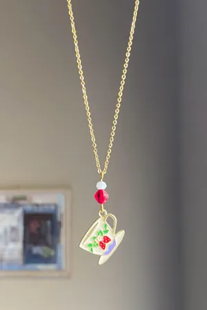 Handmade strawberry teacup cottage fairy cute necklace🍓🫖 thumbnail 2