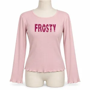 Y2K Vintage Old Navy Size M Long Sleeve Pink Frosty Ribbed Graphic Top 427411 thumbnail 2