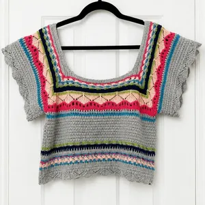 POL Crochet Knit Crop Top Large Gray Stripe Boho Bohemian Festival Open Shirt thumbnail 3