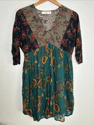 NATURAL LIFE Green Floral V Neck Mini Dress Pockets Boho Forest Brown XS thumbnail 1
